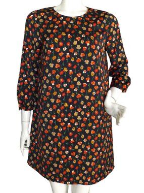 MONOPRIX Dress, 38, Blue/Multicolor pansies, Keyhole back, 3/4 sleeves, Button
